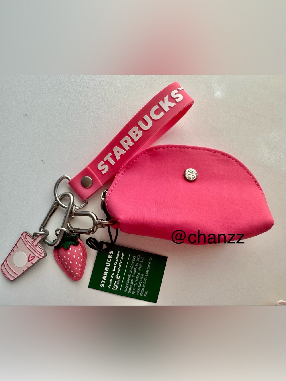 Starbucks Hot Pink Key & Card Holder Wristlet with Strawberry Charm